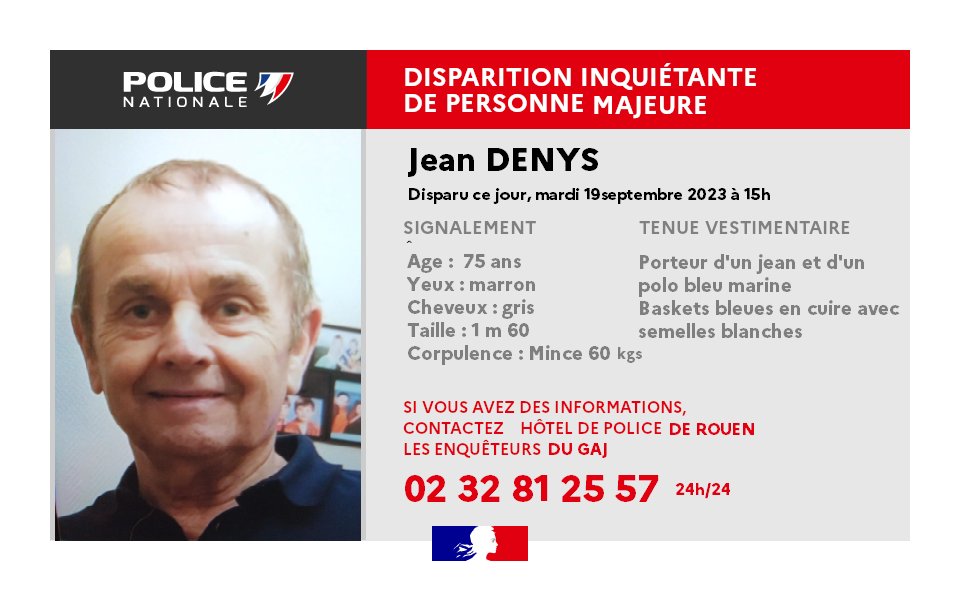 Jean Denys, 75 ans, n’a pas donné signe de vie depuis sa disparition cet après-midi - photo publiée par la DDSP sur les réseaux sociaux)
