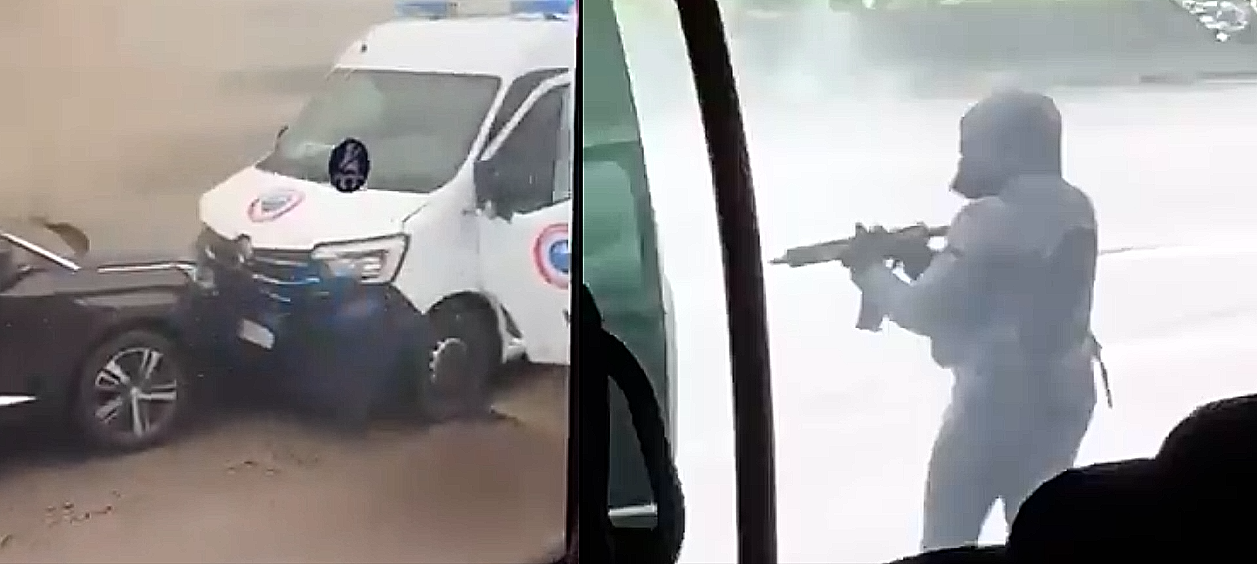 A gauche : la voiture noire des assaillants qui a percuté le fourgon cellulaire. A droite : un des membres du commando armé d'un fusil d'assaut. Ces images sont extraites d'une vidéo tournées ce matin à bord d'un autocar - Document © DR/X