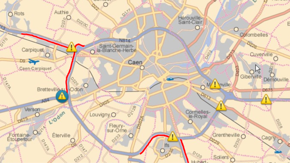 Le point des blocages à 12 heures aux entrées de Caen (périphérique). Source: Centre régional d'information et de coordination routière