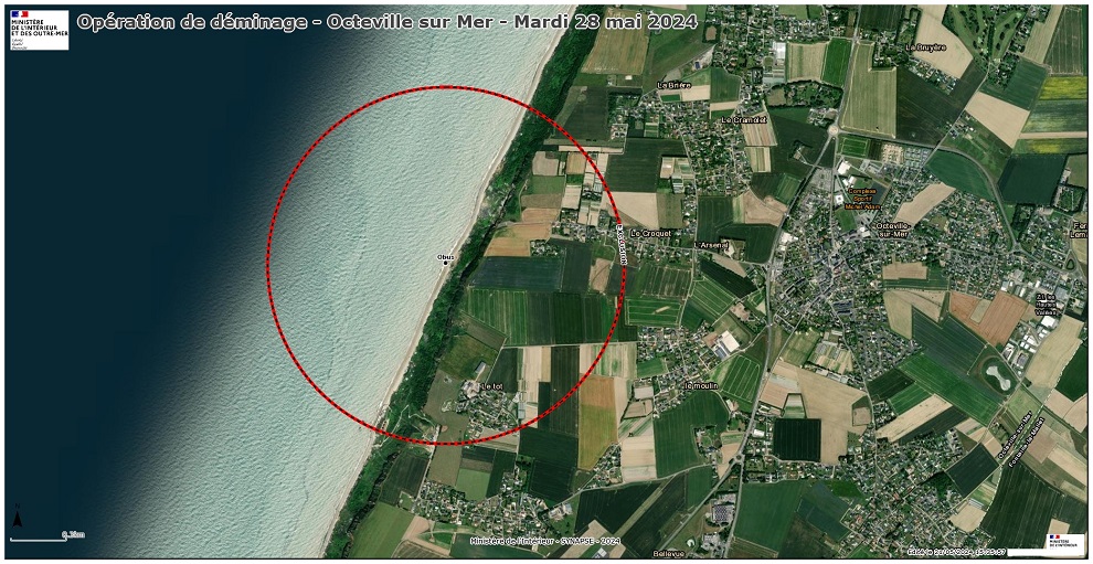 Un dispositif de sécurité va être établi dans un rayson de 950 m autour de l'obus - Document © Préfecture 76