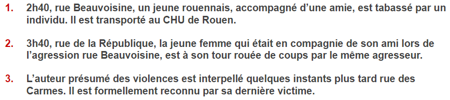 Deux jeunes amis agressés  séparément par le même homme à une heure d'intervalle à Rouen 