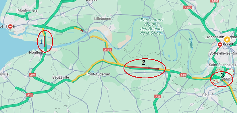 Les zones de l'A 13 et de l'A29 à éviter ce jeudi matin : 1 - pont de Normandie (A29). 2 - le secteur entre Bosgouet et Étréville. 3 - Oissel où un accident matériel s'est produit en direction de Paris
