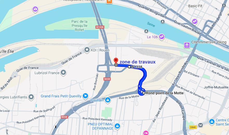 En bleu, la partie de la N1338 fermée à la circulation pendant deux nuits