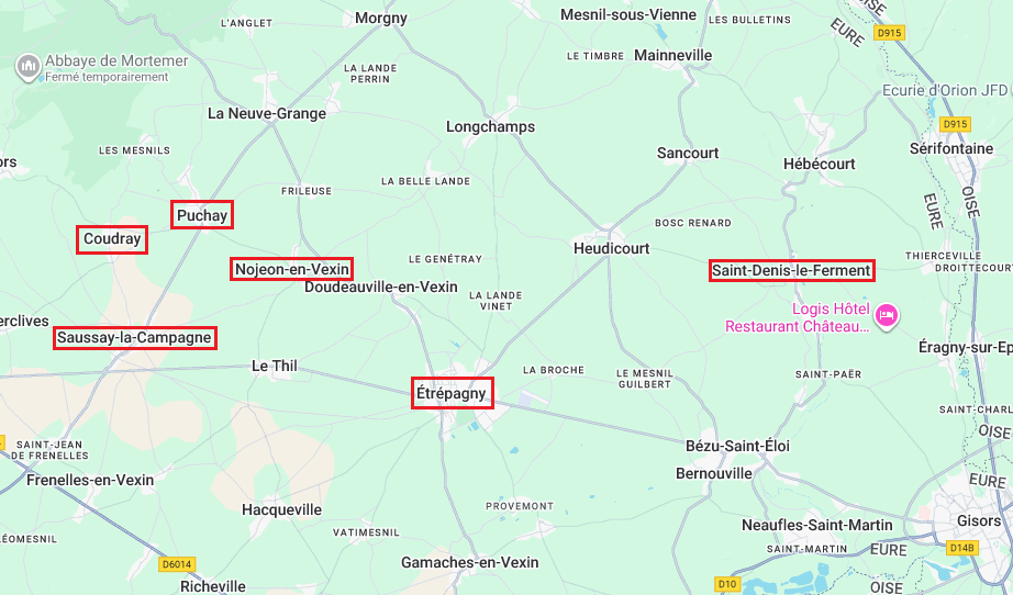 Les communes concernées sont encadrées en rouge. Manque celle de Notre-Dame de l'Isle, située plus au sud  entre Gaillon et Vernon