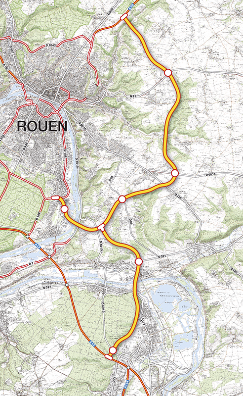 La variante préférentielle qui a été portée devant la CNDP pour le contournement Est de Rouen – liaison A28-A13 reprend, en partie, le tracé présenté lors du débat public de 2005 et intègre le lien vers l’autoroute A13 à Incarville, conformément aux propositions de la Commission Particulière à l’occasion du débat public de 2005. Le barreau de raccordement vers Rouen, quant à lui, passe par Port-Saint-Ouen puis la zone d’activité Seine-Sud.