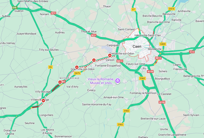 L'A84 est fermée par endroits à partir de Villers-Bocage en direction de Caen  - Google Maps
