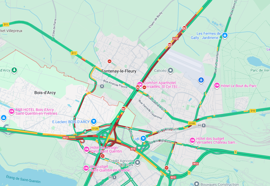 Le carambolage a des répercussions pas seulement sur l'A12 mais également sur les voies secondaires du secteur  - Google Maps
