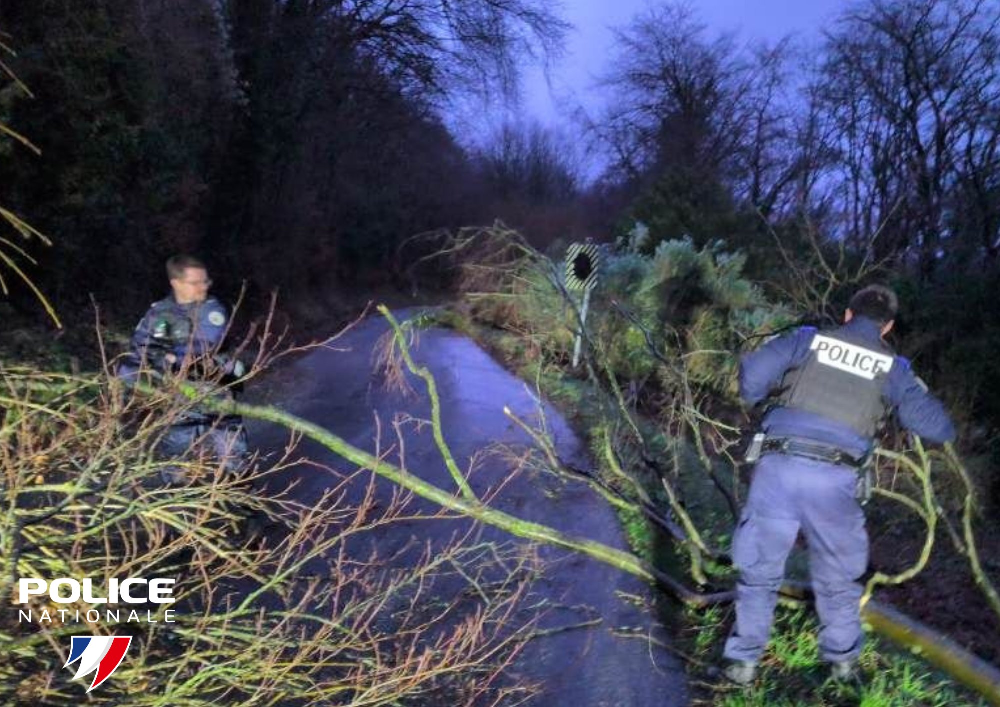 Des scènes fréquemment rencontrées cette nuit en Seine-Maritime. Ici des policiers de la DIPN76 en train de dégager des branches arrachées - Photo X (ex-Twitter)