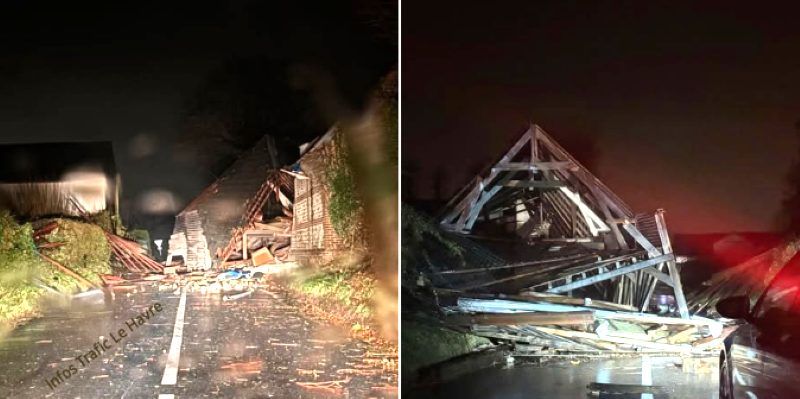 Photos publiées par Infos Trafic Le Havre sur sa page Facebook : des bâtiments endommagés par les bourrasques de vent à St Nicolas-de-la-Taille