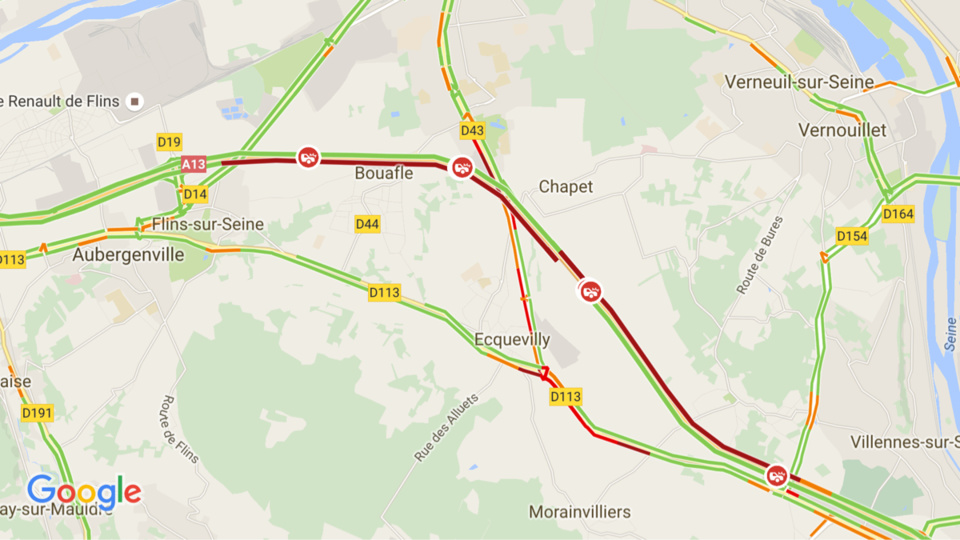 Carambolage sur l'A13 dans les Yvelines : l'autoroute est fermée et déviée à partir des Mureaux