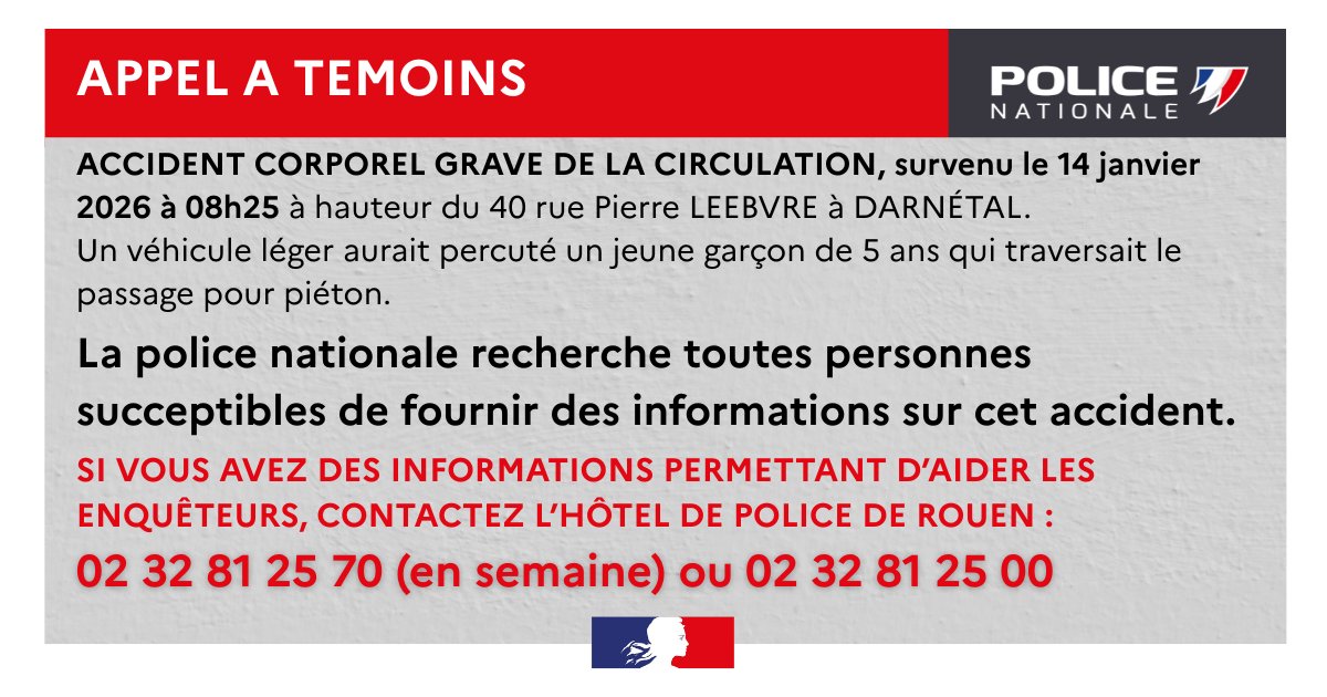 FLASH INFO - Un enfant de 5 ans grièvement blessé à Darnétal : la police lance un appel à témoins