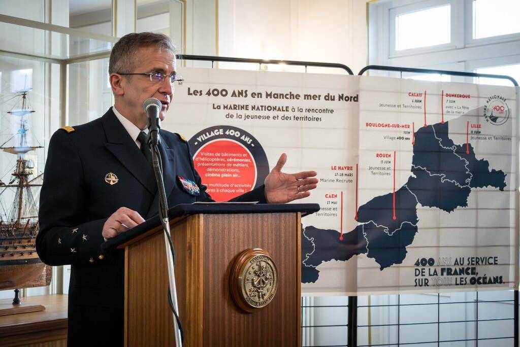 Le vice-amiral d’escadre Benoit de Guibert, préfet maritime de la Manche et de la mer du Nord, lors des voeux vendredi à Cherbourg - Photo Préfecture maritime