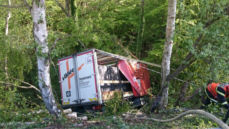 Le camion a basculé par dessus la glissière de sécurité et à dévalé le ravin sur une dizaine de mètres avant de percuter un arbre (Photo@DR)