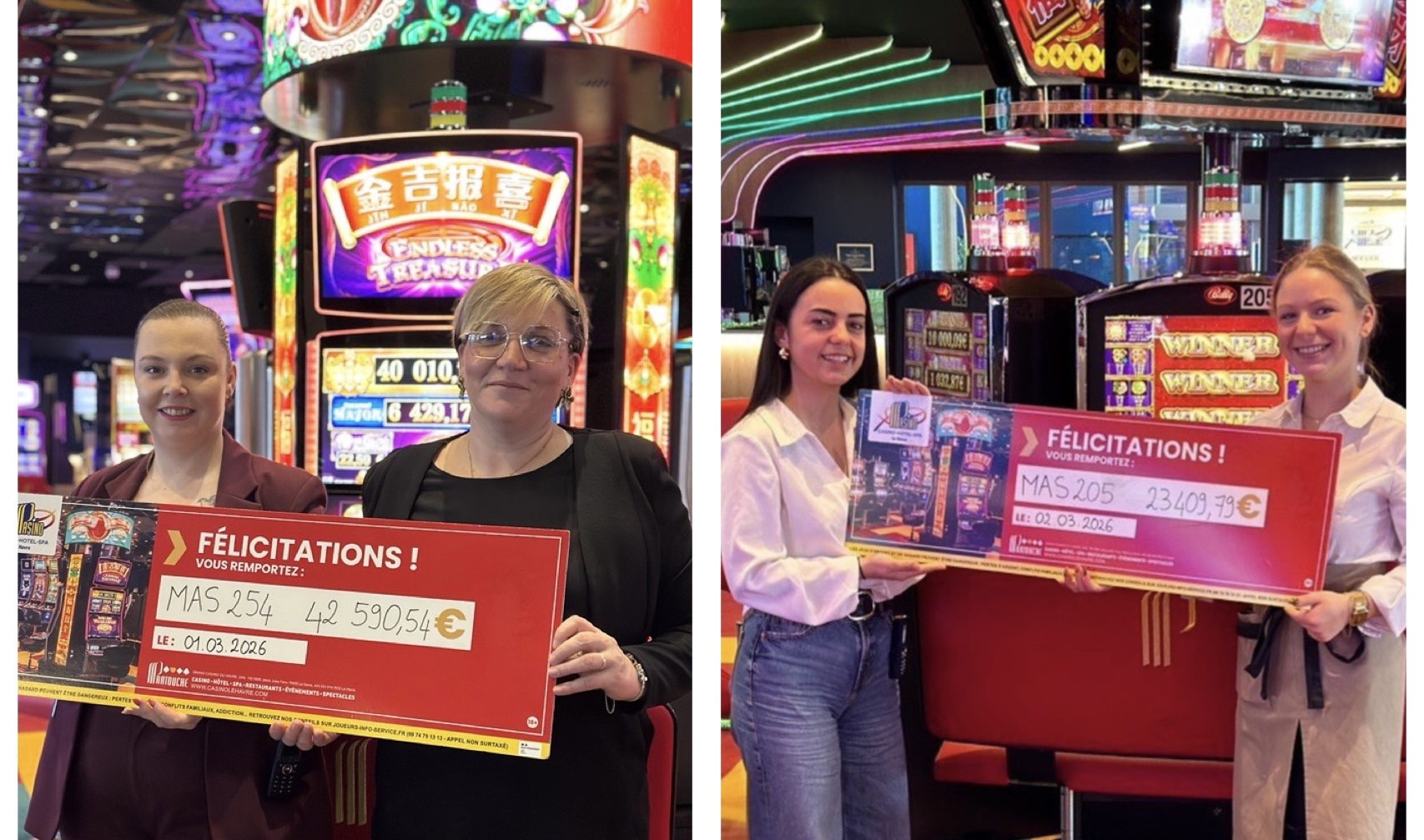 Inès Carré, membre du comité de direction et Isabelle Toutain, technicienne machines à sous (photo de gauche). Sophie Ribeiro Marques, chargée de marketing et communication et Lorna Vallin, responsable bar et restaurant (photo de droite)