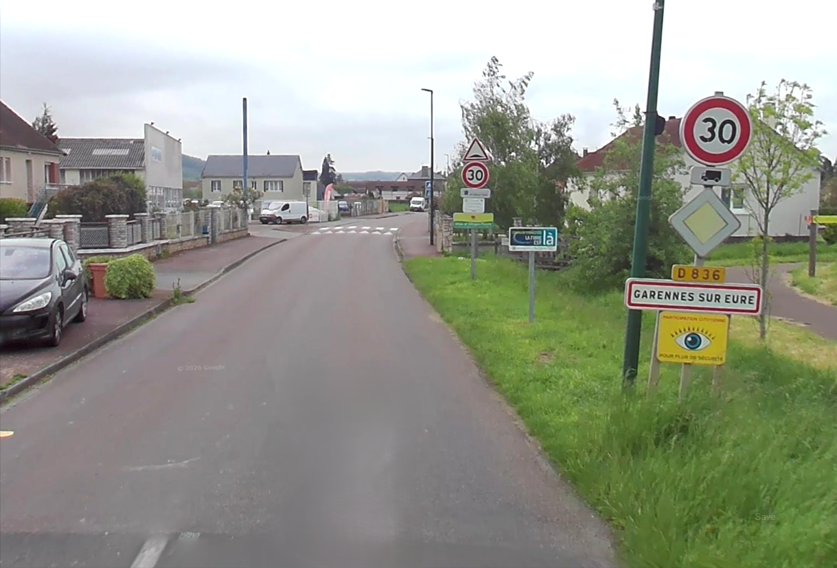 Un véhicule suspect aurait été aperçu circulant dans les rues de Garennes-sur-Eure et des  communes voisines - Illustration Google Maps