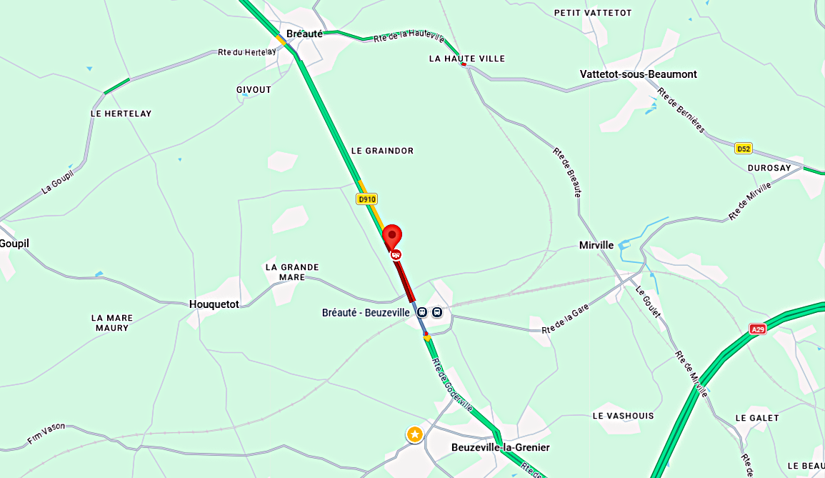 LMa collision s'est poroduite sur D 910, entre Beuzeville-la-Grenier et Bréauté -Capture d'écran © Google Maps