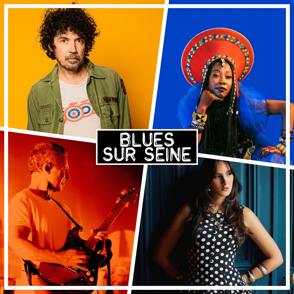 Une pléiade d'artistes est attendue lors de cette 27ème édition de Blues sur Seine. De gaiuche à droite : Yarol Poupaud (photo Franck Loriou), Fatoumata  Diawara (Photo Marcello Perego), Sinclair (photo Nina Blanc-Francard), Lila May