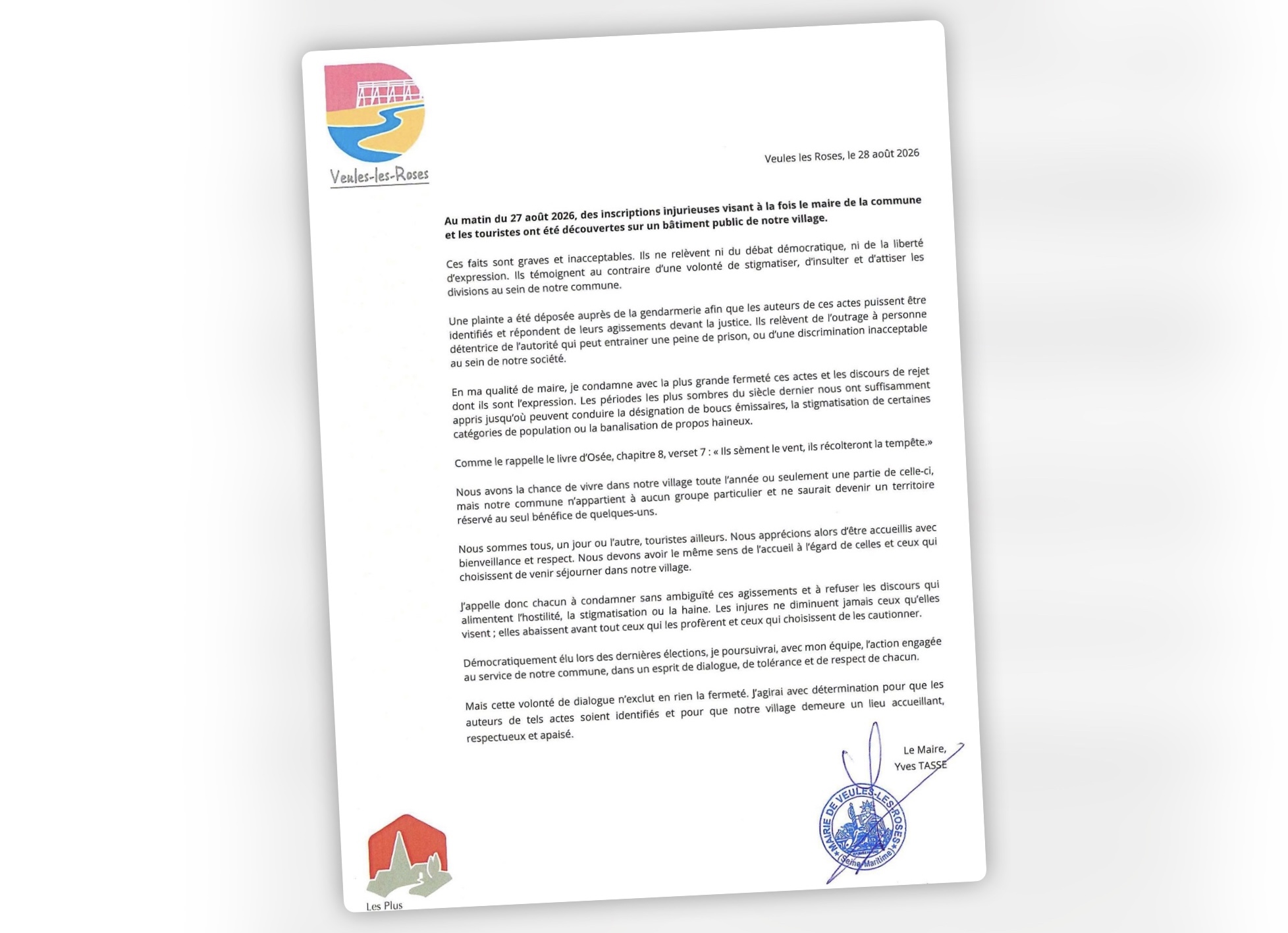 La lettre publiée par le maire de Veules-les-Roses sur les réseaux sociaux