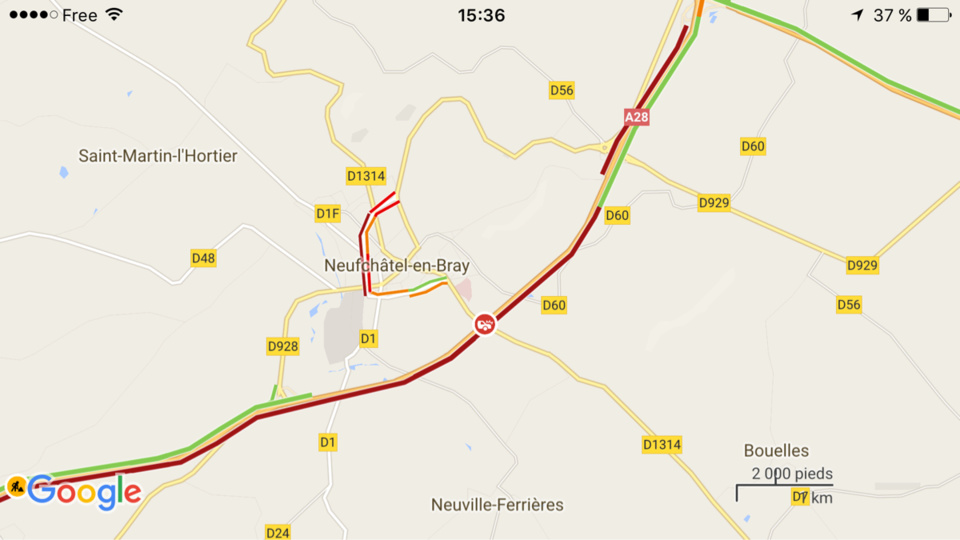 L'accident s'est produit au niveau de Neufchâtel-en-Bray et provoque un bouchon de 4 km dans le sens Rouen vers Abbeville et de 5 km dans l'autre sens