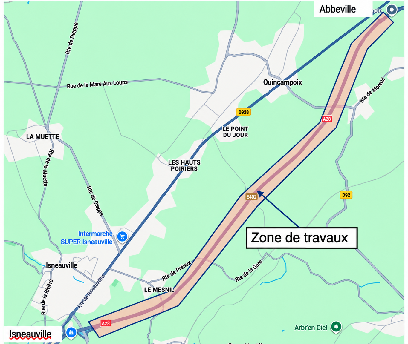 Pendant douze nuits, la circulation dans le sens Rouen–Abbeville sera basculée sur la chaussée opposée, sur une portion d’environ sept kilomètres.- Document Dirno