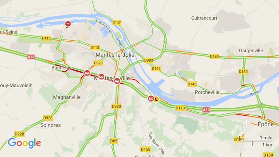 Accident sur l'A13 après le péage de Mantes-Buchelay : bouchon de 3 km vers Paris