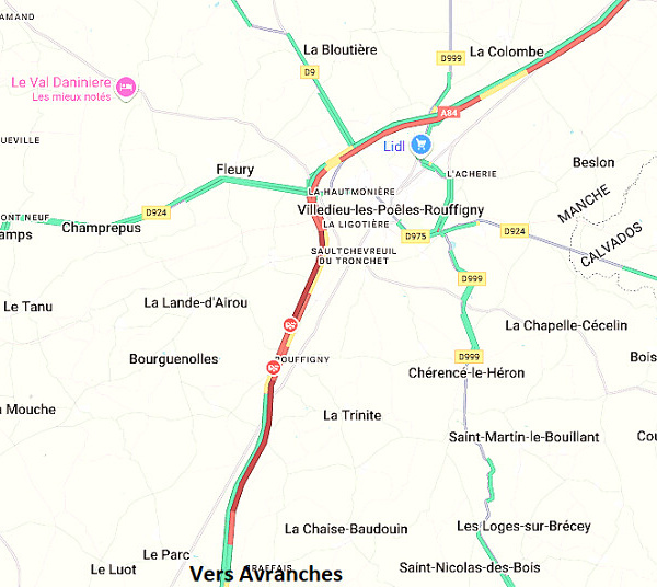#InfoRoute. Un poids lourd couché sur l’A84 : l’axe Rennes–Caen fermé à hauteur de La Trinité