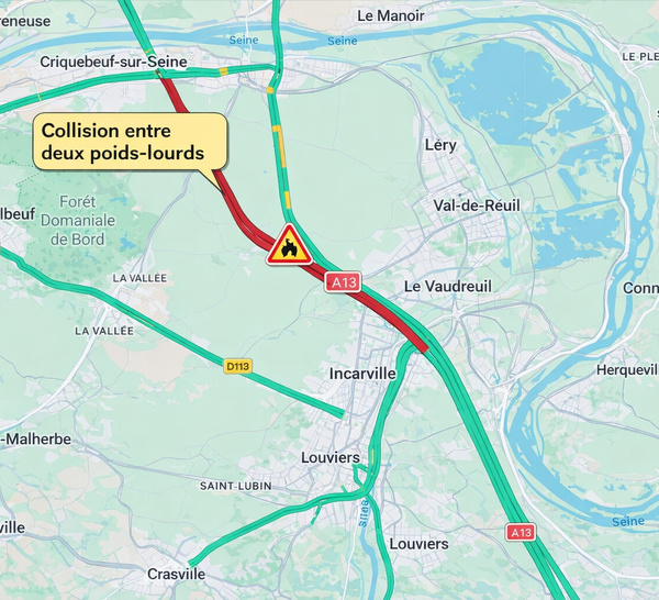 L'autoroute A13 coupée vers Caen après un accident entre deux camions à Criquebeuf-sur-Seine