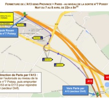 Fermeture de l'A 13 à Poissy en direction de Paris la nuit prochaine